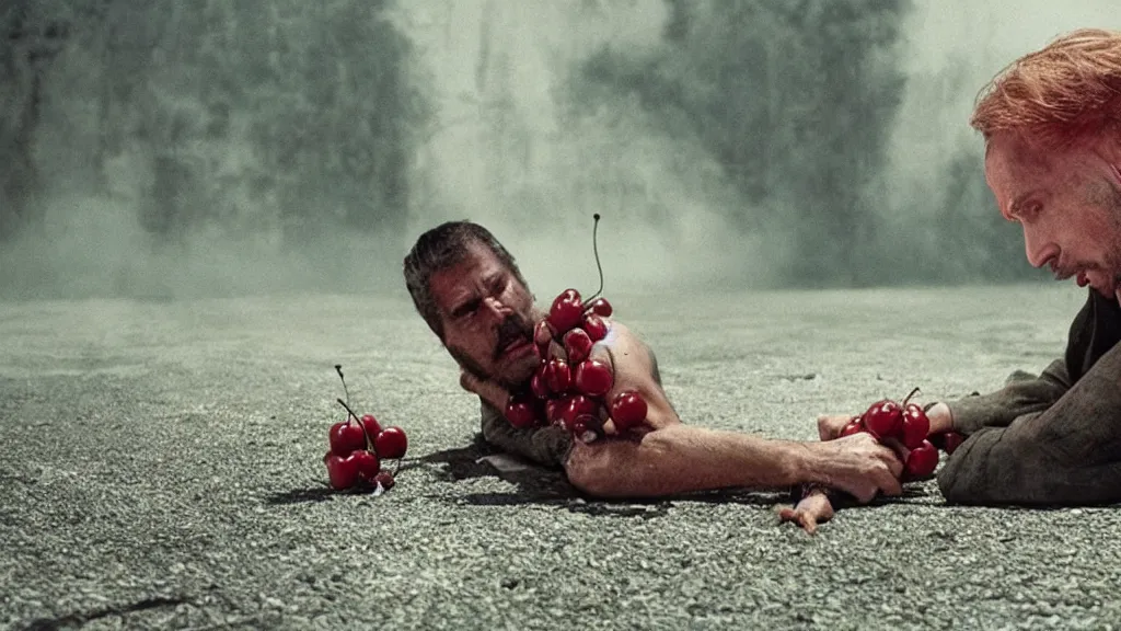 Image similar to A cherry realizing he will die, film still from the movie directed by Denis Villeneuve with art direction by Salvador Dalí, wide lens