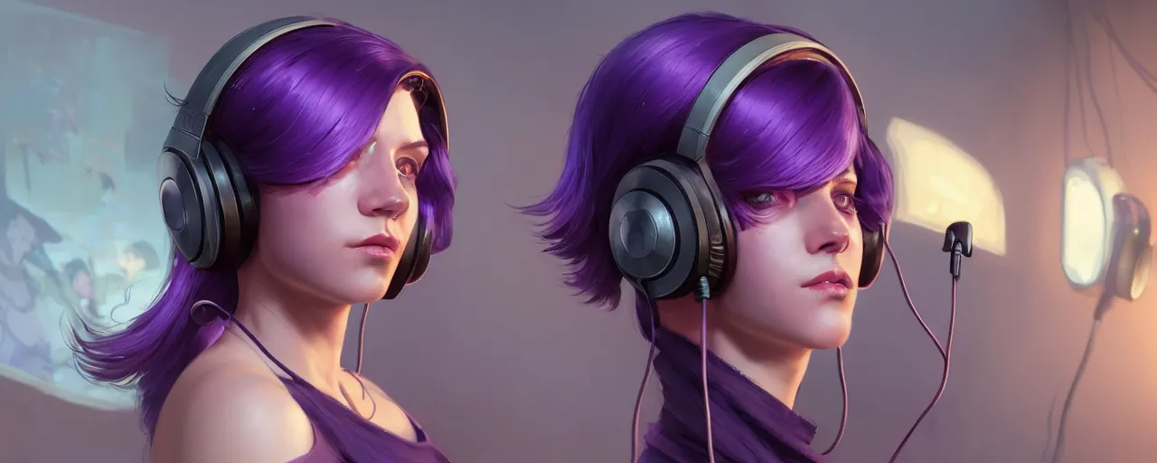 Image similar to wide - shot of stunningly beautiful purple haired female with headphones at home studio streaming computer games late at night, very detailed, 4 k, concept art like ernest khalimov, intricate details, highly detailed by greg rutkowski, ilya kuvshinov, gaston bussiere, craig mullins, simon bisley, backlit