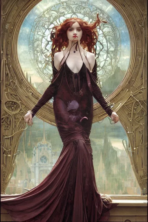 Image similar to masterpiece painting of beautiful vampire girl by donato giancola, darius zawadzki and tom bagshaw, face by artgerm and edmund leighton, alphonse mucha, background by james jean and h. r. giger, 8 k, biomechanical horror, majestic, volumetric lighting, porcelain skin, french nouveau, trending on pixiv