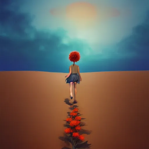 Image similar to closeup big dahlia flower under head, a girl walking between dunes, surreal photography, sunrise, blue sky, dramatic light, impressionist painting, digital painting, artstation, simon stalenhag