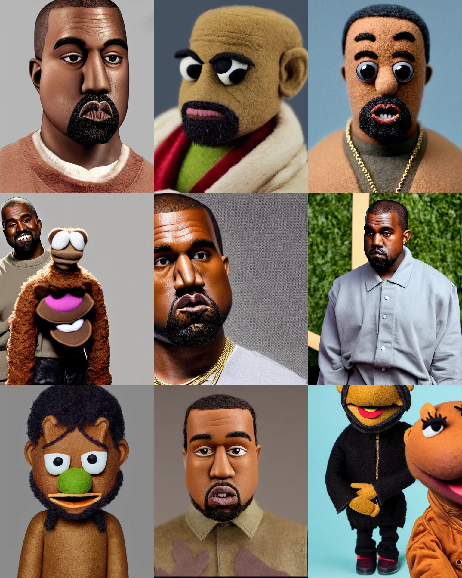 Prompt: kanye west as a muppet. highly detailed felt. hyper real photo. 4 k.