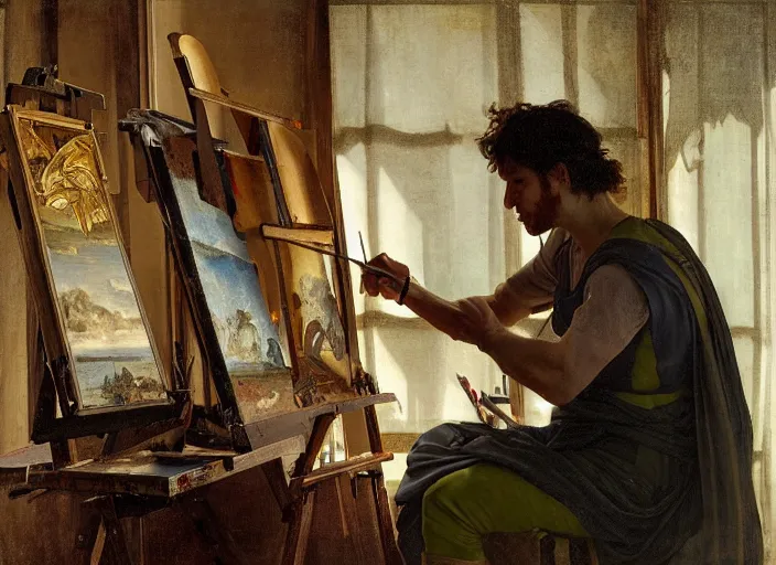 Image similar to a painter in his studio painting a picture of pepe the frog, by edgar maxence and caravaggio and michael whelan and delacroix style, artistic, intricate drawing, cinematic lighting, hyper realistic, extremely detailed, establishing shot, 8 k resolution, dramatic lighting