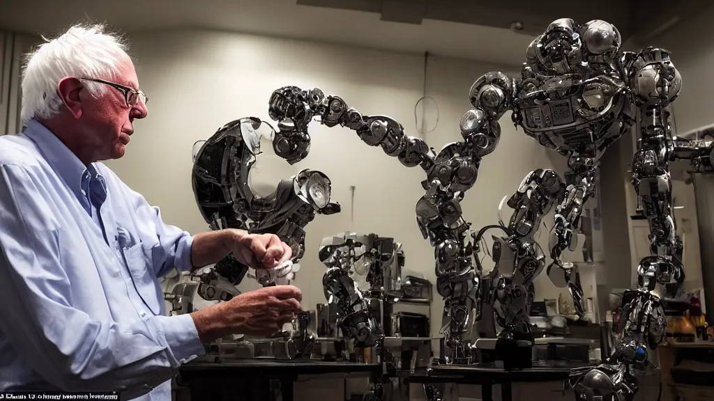 Image similar to bernie sanders putting the finishing touches on a ( ( ( ( cute ) ) ) ) clockwork doomsday robot, cinematic moody lighting, sharp focus, imax