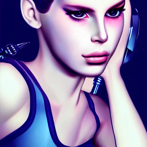 Prompt: young lady cyborg like lana del ray, bioorganic concept, beautiful face, full body, photorealistic