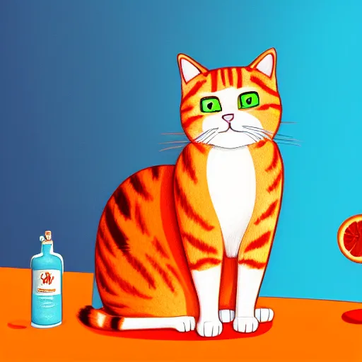 Image similar to a cat standing next to a bottle of medicine, orange cat, animal, digital art, smooth, illustration, wide image,