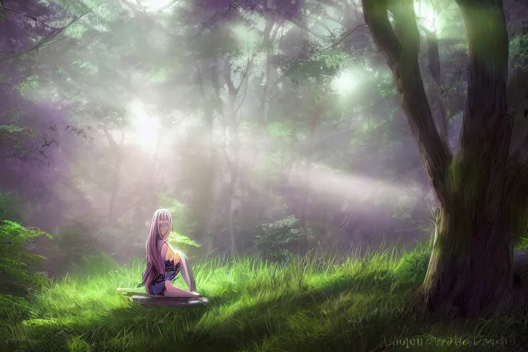 Image similar to a beautiful anime girl sitting in the forest, clouds, green lighting, misty, foggy, early morning, digital art,