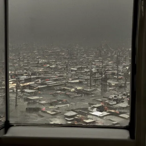 Image similar to view out of a window, fallout city and radioactive rain, with a oppressive mood