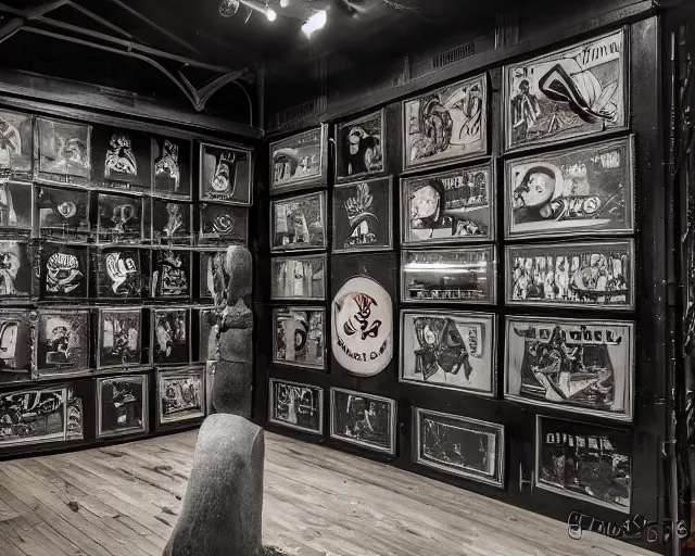 Prompt: highly detailed interior of a small baseball memorabilia museum by giger