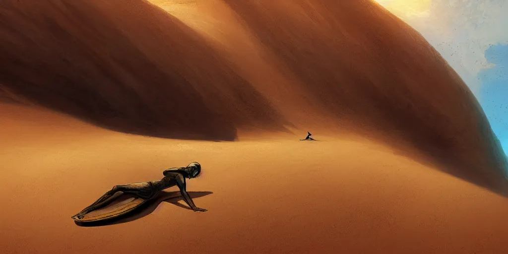 Prompt: a fremen surfing on a sand dune by Marc Simonetti