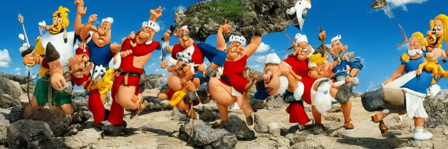 Prompt: Asterix Obelix Tintin, Snowy and captain haddock go on holiday