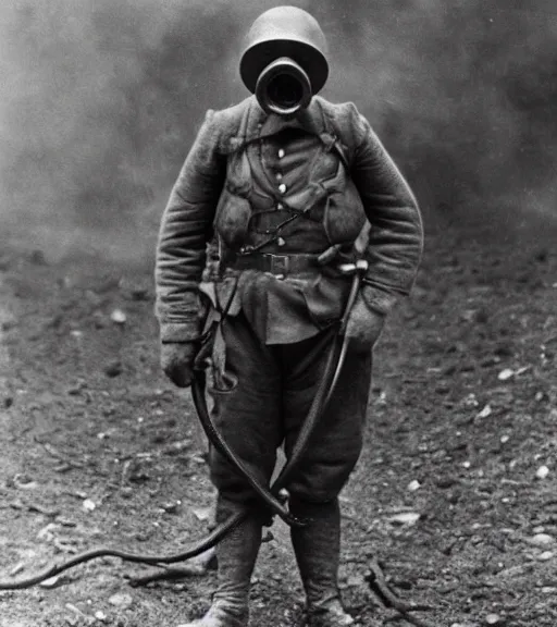 Prompt: person wearing gas mask with hose,ww1 photo, high detail, high resolution