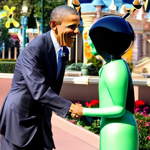 Image similar to obama shaking hands with smiling alien at disneyland