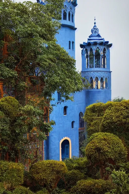 Prompt: view of the mysterious blue tower in its gardens after a storm, tall windows, beautiful moorish ornament, dramatic cinematic lighting, rich colors, by April Gornik and Nicholas Roerich and Sylvain Sarrailh and Ludwig Deutsch