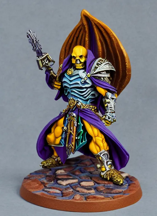 Image similar to Skeletor, Professionally Painted tabletop miniature, tabletop gaming, warhammer, 40k, D&D, Dungeons and Dragons, Reaper Miniatures, Games Workshop, professional photography, product photography, official media