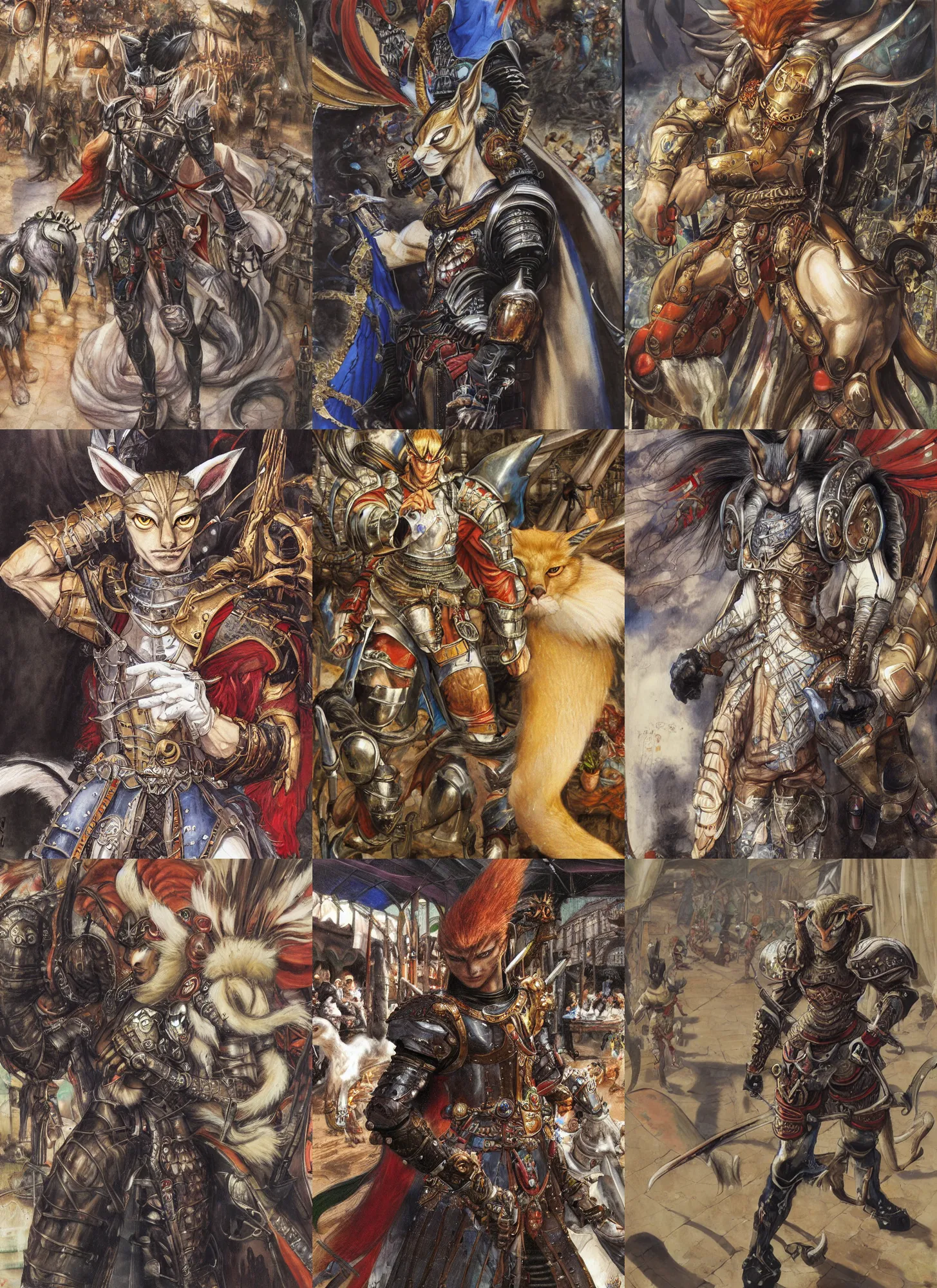 Image similar to 8k Yoshitaka Amano painting of upper body of a young cool looking slim caracal beast-man with white mane at a medieval market at windy day. Depth of field. He is wearing complex fantasy armors. He has huge paws. Renaissance style lighting.