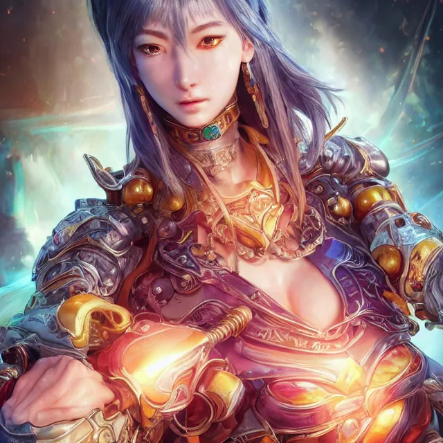 Image similar to studio portrait of lawful good colorful female holy mech paladin as absurdly beautiful, elegant, young gravure idol, ultrafine hyperrealistic detailed face illustration by kim jung gi, irakli nadar, intricate linework, sharp focus, bright colors, matte, octopath traveler, final fantasy, unreal engine highly rendered, global illumination, radiant light, intricate environment