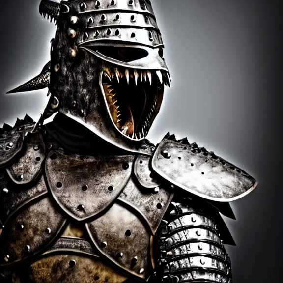 Image similar to photo of a warrior with metal crocodile theme armour, 4 k, hdr, smooth, sharp focus, high resolution, award - winning photo