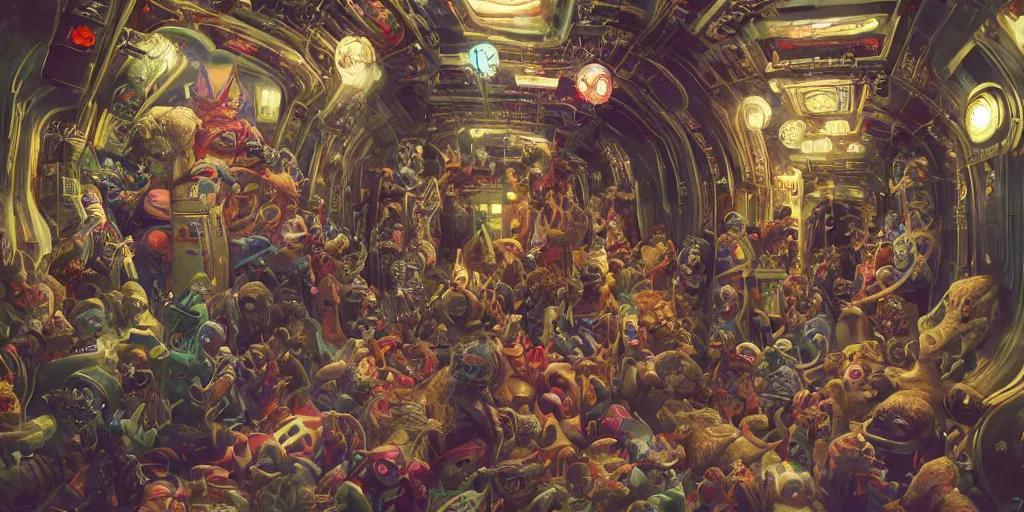 Prompt: the hallway of a space station crowded with strange characters and chaos, clown in the center of the hallway throwing a banana peel, insanely detailed and intricate, hypermaximalist, elegant, ornate, hyper realistic, super detailed, Art Deco, cinematic, trending on artstation, magic the gathering artwork, centered