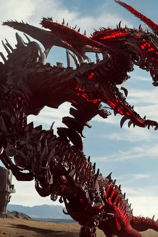 Image similar to cinematic still of westworld, a full body red si - fi robotic fantasy dragon, well armored mech dragon, highly detailed