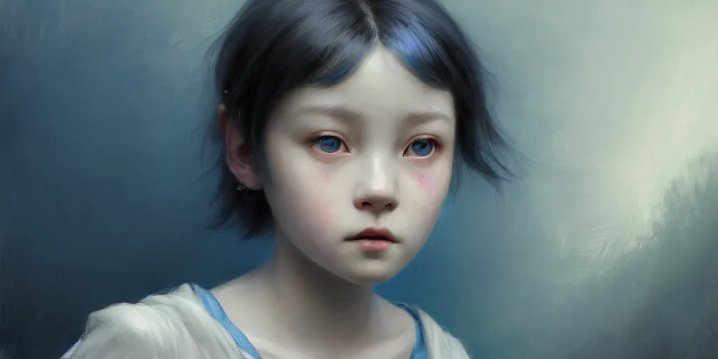 Prompt: portrait of a big eyed, blue short haired beautiful little girl looking sad to the camera with sad eyes, extremely detailed digital painting, in the style of fenghua zhong and ruan jia and jeremy lipking and peter mohrbacher, mystical colors, rim light, beautiful lighting, 8 k, stunning scene, raytracing, octane, trending on artstation