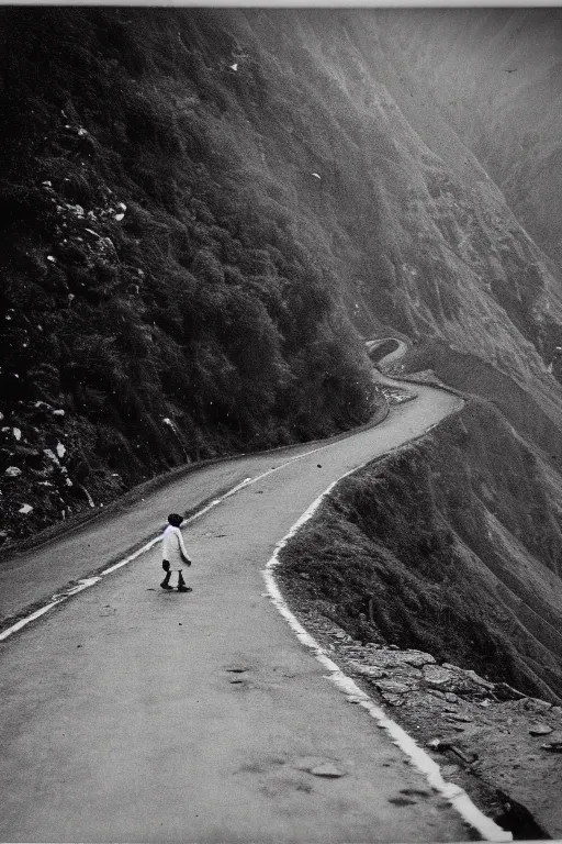 Image similar to photo polaroid of a sad and lonely child in the middle of a mountain road with many tahr on either side , Nepal,Himalayas, loneliness, black and white ,photorealistic, 35mm film,