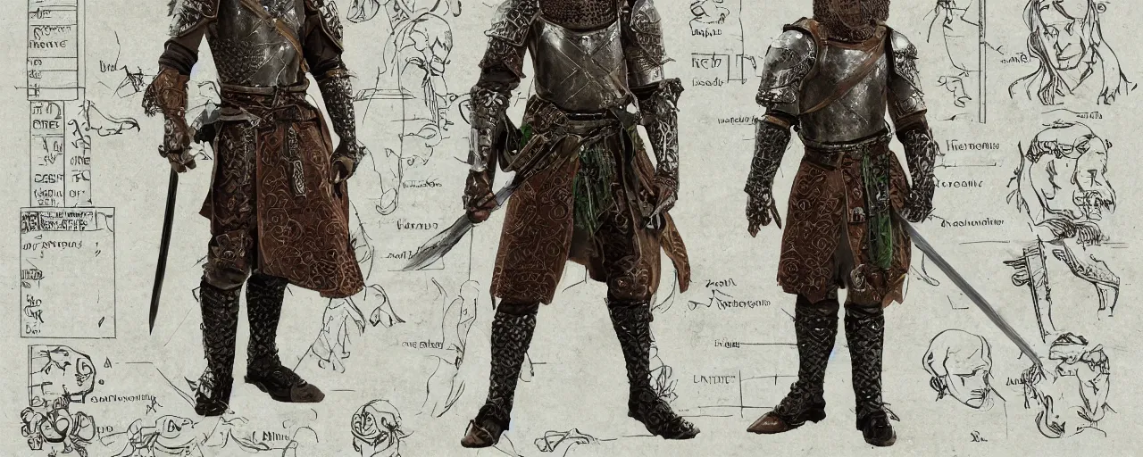 Prompt: A character sheet of full body medieval knight with brown long hair, black eyes, smug look, a green cloak and silver armor. Highly Detailed. Intricate. 4K.