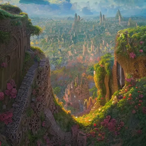 Image similar to forgotten stone city on a hill that rises up from the plain. the stone is carved into intricate patterns: spirals and flowers, vines and knots. towers high above, archways, strange trees and flowers. a beautiful and vivid and colorful andreas rocha and peter mohrbacher impasto!! acrylic painting