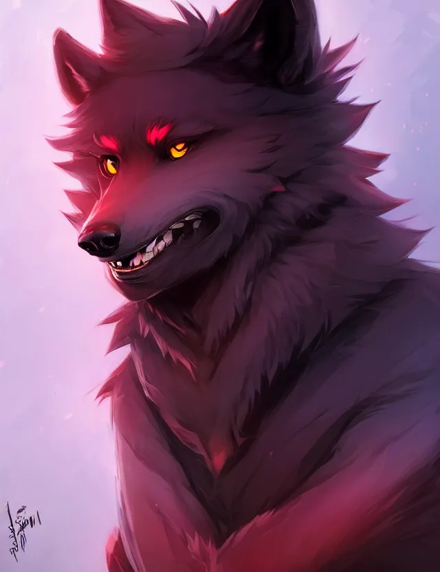 Image similar to character concept art of a black anthropomorphic male furry wolf long red hair | | cute - fine - face, pretty face, key visual, realistic shaded perfect face, fine details by stanley artgerm lau, wlop, rossdraws, james jean, andrei riabovitchev, marc simonetti, and sakimichan, trending on artstation