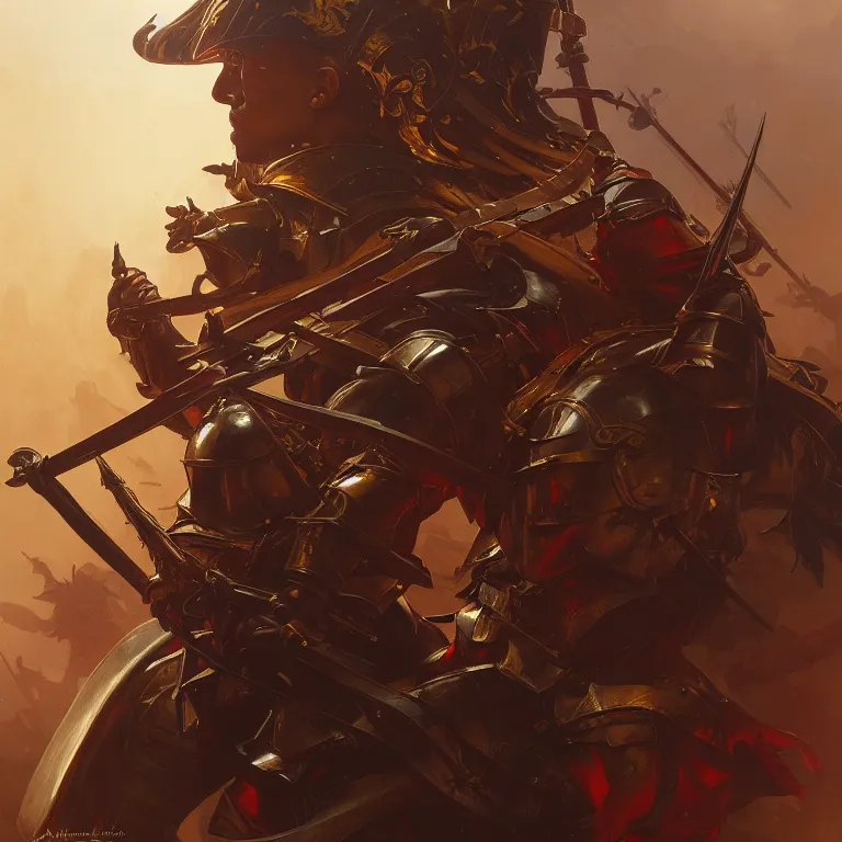 Prompt: commander at the battle field of a medieval war between golden soldiers and black red iron soldiers, dramatic lighting, intricate, wild, highly detailed, digital painting, artstation, concept art, smooth, sharp focus, illustration, art by artgerm and greg rutkowski and alphonse mucha