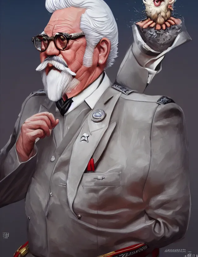 Image similar to a portrait of colonel sanders as a dictator, by moebius and tyler edlin and hr giger, trending on artstation, digital art, 4 k resolution, detailed, high quality, sharp focus, hq artwork, coherent, insane detail, concept art