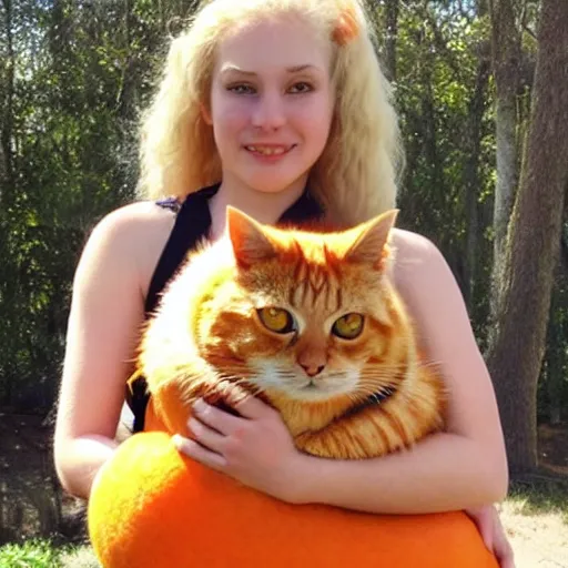 Image similar to teenaged blonde girl riding a large orange maine cat dressed as warriors