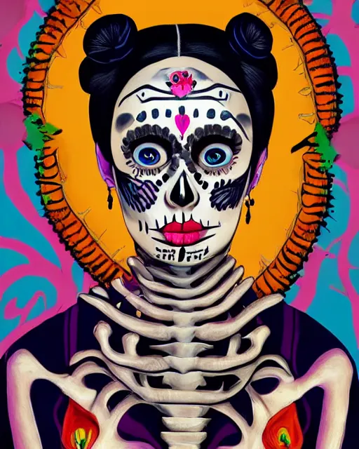 Prompt: a surrealistic head and shoulder painting of a gorgeous female skeleton with cat eyeballs and lipstick and hoodie, in the style of frida kahlo, digital art, detailed masterpiece