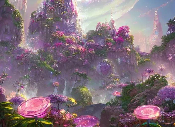 Prompt: shimmering crystal city made of diamond and rose quartz with gold decoration, sparkling in the sunlight, surrounded by flowers. trending on artstation, by tyler edlin.