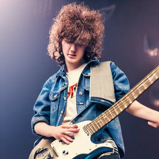 Image similar to 1 9 - year - old boy with shaggy, unkempt, permed hair, double denim, headbanging, playing electric guitar, heavy rock concert, 2 0 2 1 live in concert, streaming 4 k quality