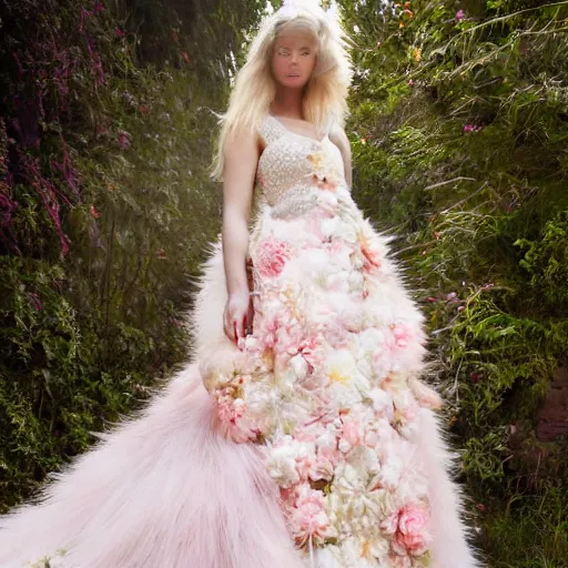 Image similar to light pink wedding dress. with white large exotic large, exotic. flowers. of zigzag intricate pattern of green fluffy. herbs. in the fantasy style. dress with train. hyper - realistic photo.