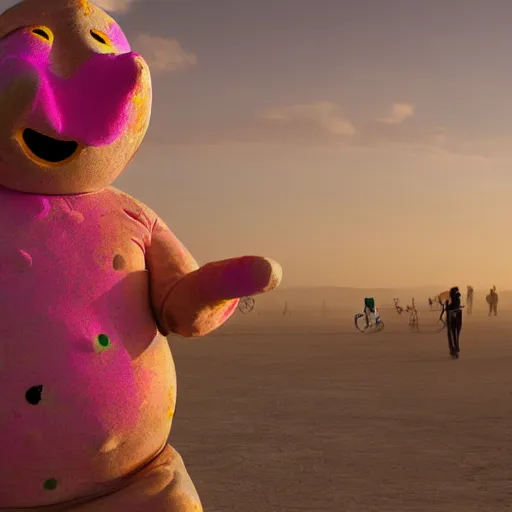 Prompt: mr blobby at burning man, photorealistic