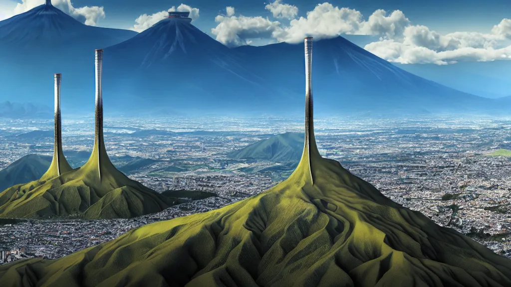 Image similar to Epic Nuclear power towers gracefully over the mountain valley of Quito, Ecuador; by Oswaldo Moncayo and Vincent Callebaut; oil on canvas; Art Direction by James Cameron; Location: Quito Ecuador 4K, 8K; Ultra-Realistic Depth Shading
