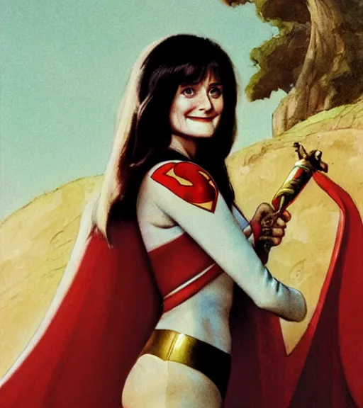 Image similar to a portrait of smiling young margot kidder from 1 9 7 7 superman movie in a scenic japanese city environment by marco bucci and greg rutkowski and frank frazetta, sharp focus, detailed, cinematic, hanbok, sheathed golden ornate korean sword