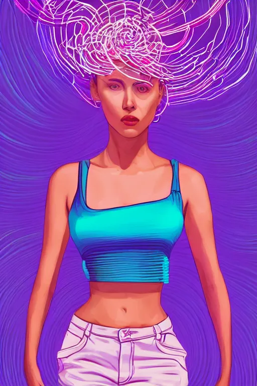 Image similar to a award winning half body portrait of a beautiful woman with stunning eyes in a croptop and cargo pants with ombre purple pink teal hairstyle and hands in pockets by thomas danthony, surrounded by whirling illuminated lines, outrun, vaporware, shaded flat illustration, digital art, trending on artstation, highly detailed, fine detail, intricate