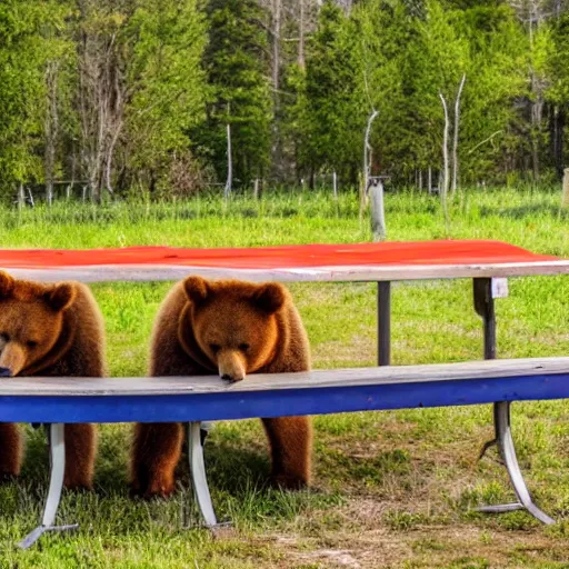 Image similar to 2 bears at a picnic table