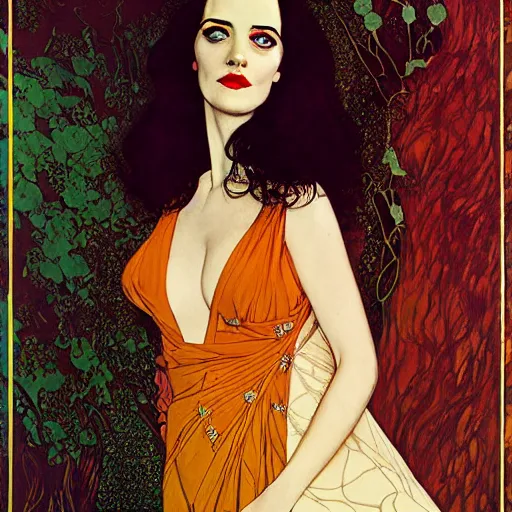 Image similar to portrait by joshua middleton of the young actress, eva green as queen of the emerald dead, vamp, elegant, decadent, stylised comic art, klimt, mucha, 1 9 7 0 s poster,