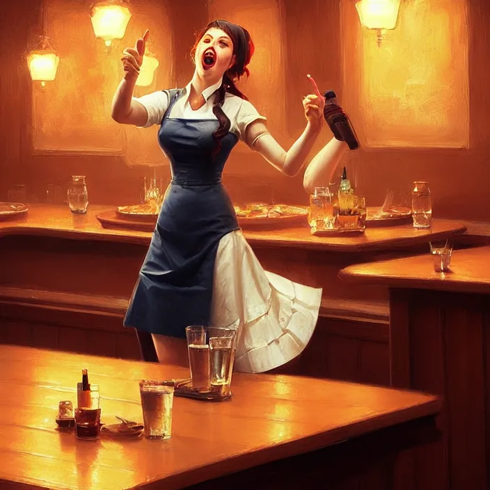 Prompt: a waitress singing on a table in a bar, elegant, real life skin, intricate artwork, high detailed, artstation, concept art, smooth, sharp focus, art by artgerm and greg rutkowski