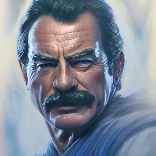 Image similar to ultra realistic head and shoulders portrait painting of tom selleck as cal kestis in star wars jedi fallen order, art by frank frazetta, 4 k, ultra realistic, highly detailed, epic lighting