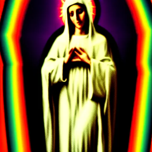 Image similar to vhs static overlay of virgin mary, vhs, 1 9 9 0, highly realistic, highly detailed