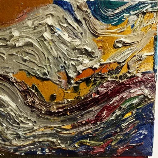 Image similar to oil paint impasto relief, beautiful very rough sea, multi layered thick brush marks, some splattered paint, in the style of ivan shishkin and frank auerbach and van gogh and rene lalique