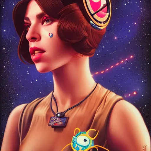 Prompt: Lofi portrait Pixar of comis girl galaxie style by Tristan Eaton Stanley Artgerm and Tom Bagshaw