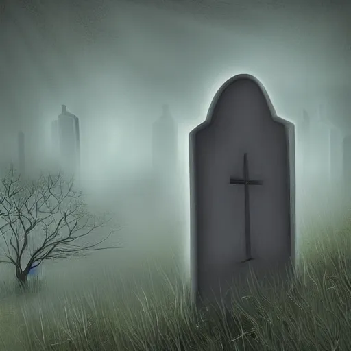 Prompt: a ghost visiting its own grave, digital art