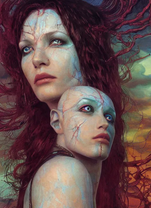 Image similar to biblical shy beautiful female druid android, heavy eyes to the side, scu, bright glowing veins, in clouds, sunset, portrait, by gerald brom, by mikhail vrubel, by peter elson, muted colors, extreme detail, reflections, trending on artstation, 8 k