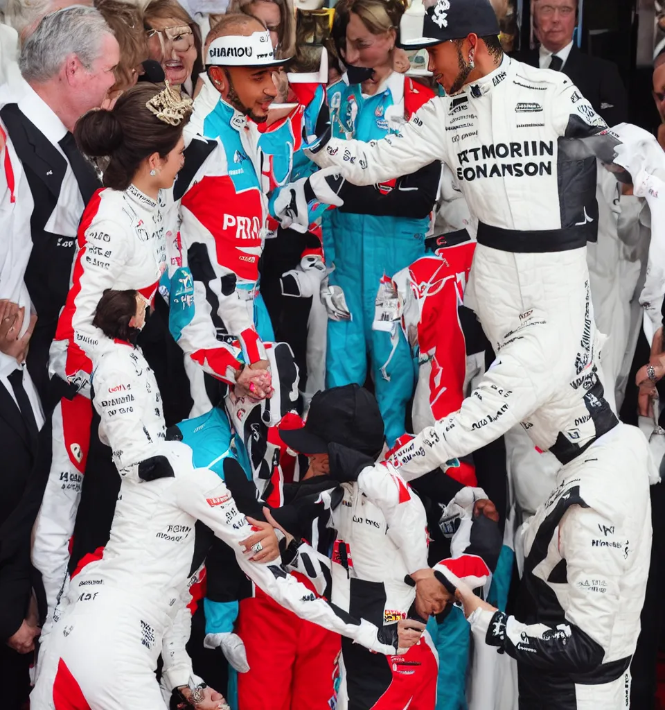 Image similar to A portrait of Lewis Hamilton in his racing uniform being knighted by the queen by Banksy