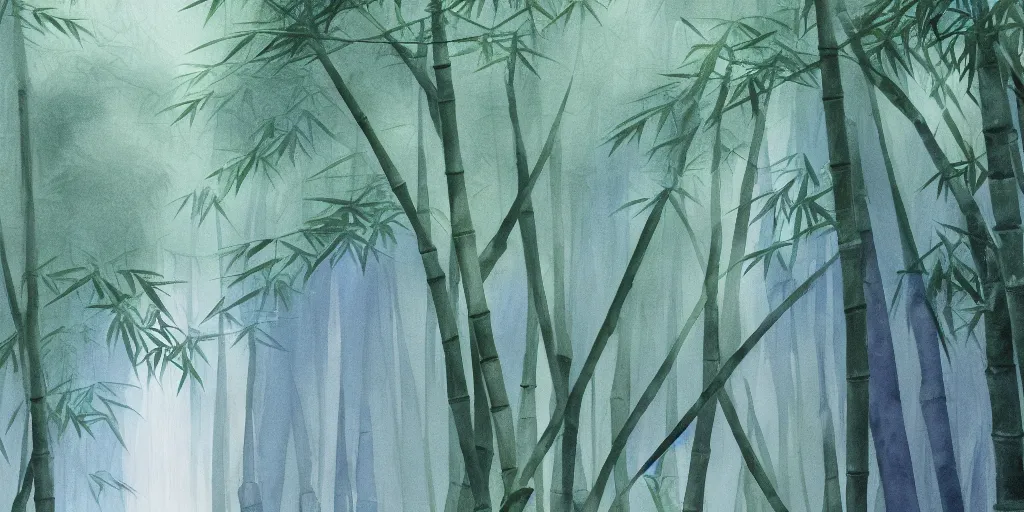 Image similar to misty japanese bamboo forest, watercolour, cell shaded, huge waterfall!!!!!, large rocky mountain, rule of thirds, sunny, cartoony, drawing, stylized anime, soft, by hayao miyazaki, ghibli studio, makoto shinkai, toei animation, studio trigger, trending on artstation, 4 k, hd